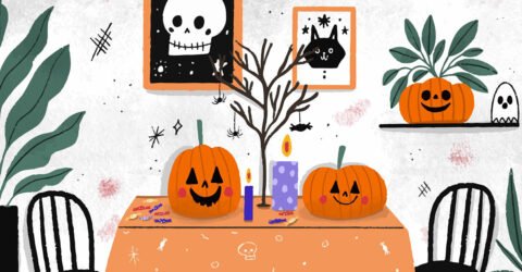 dessin de décoration d'halloween, citrouilles, squelette, bougies, chat noir