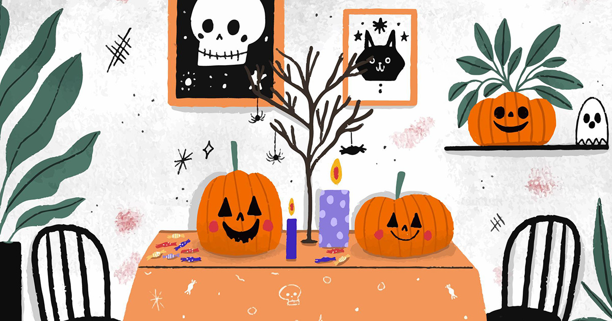 dessin de décoration d'halloween, citrouilles, squelette, bougies, chat noir