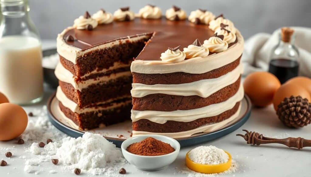 Un gateau au milieu d'une table, une part est coupée.